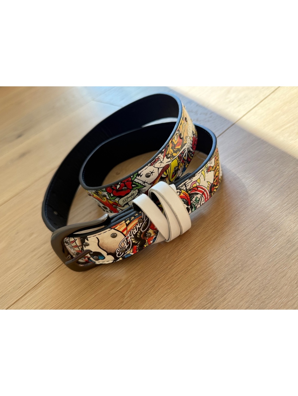 Y2K Ed Hardy Tattoo Graphic Belt Size 38 Multicolor Punk Emo